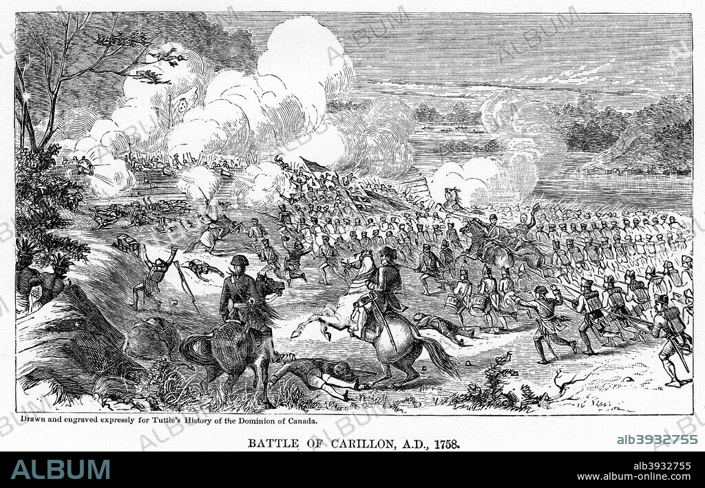 'Battle of Carillon, AD 1758', (1877). The Battle of Carillon was fought at Fort Carillon in what was then the British colony of New York. Despite the overwhelmingly superior numbers of the British force, the French were victorious. Illustration from Popular history of the Dominion of Canada, with art illustrations, from the earliest settlement of the British-American colonies to the present time; together with portrait engravings and biographical sketches of the most distinguished men of the nation by Charles R Tuttle, (1877-1879).