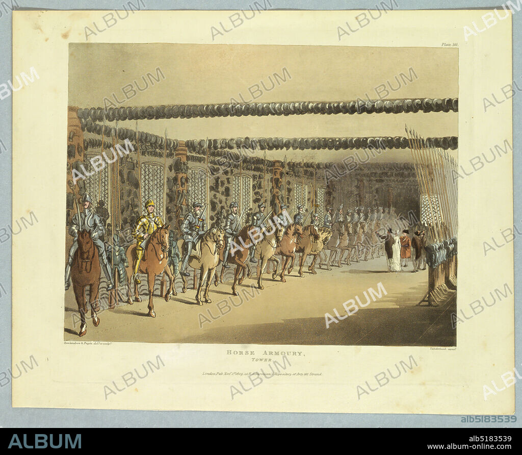 Horse Armoury, Tower, from 'Ackermann's Repository', Thomas Rowlandson, British, 17561827, Augustus Charles Pugin, French, active Great Britain, ca. 17621832, Thomas Sutherland, British, 1785 - 1838, Aquatint, brush and watercolor on paper, Men in armor on horses in a long row to the left, with armor between and hung on the walls and ceilings. A few sightseers. Title, artists', and publisher's names below., Europe, London, England, 1809, Print, Print.