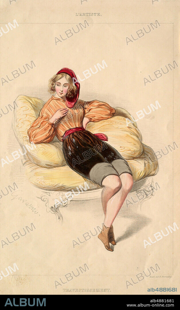 Narciso Edmundo Jos Desmadryl, French, born 1801active from 1850 in Chile, After Paul Gavarni, (French, 18041866), L'Artiste: Travestissement, 18171884, Hand-colored lithograph on paper, image: 8 13/16 x 6 1/8 in. (22.4 x 15.5 cm).