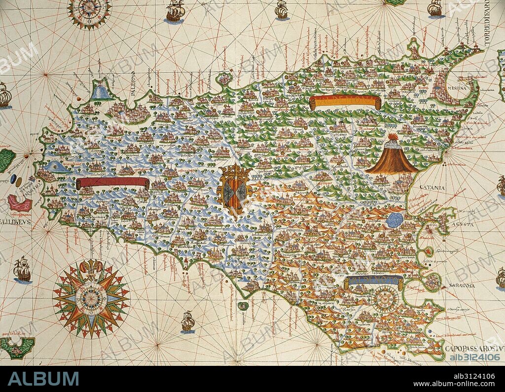 SICILIA. MAPA DE LA ISLA. ATLAS PORTULANO o Carta Nautica de JOAN MARTINES, cartógrafo español, peteneciente a la Escuela Mallorquina. El manuscrito consta de diecinueve mapas a doble folio. Messina (Sicilia), 1587. Biblioteca Nacional, Madrid. España.