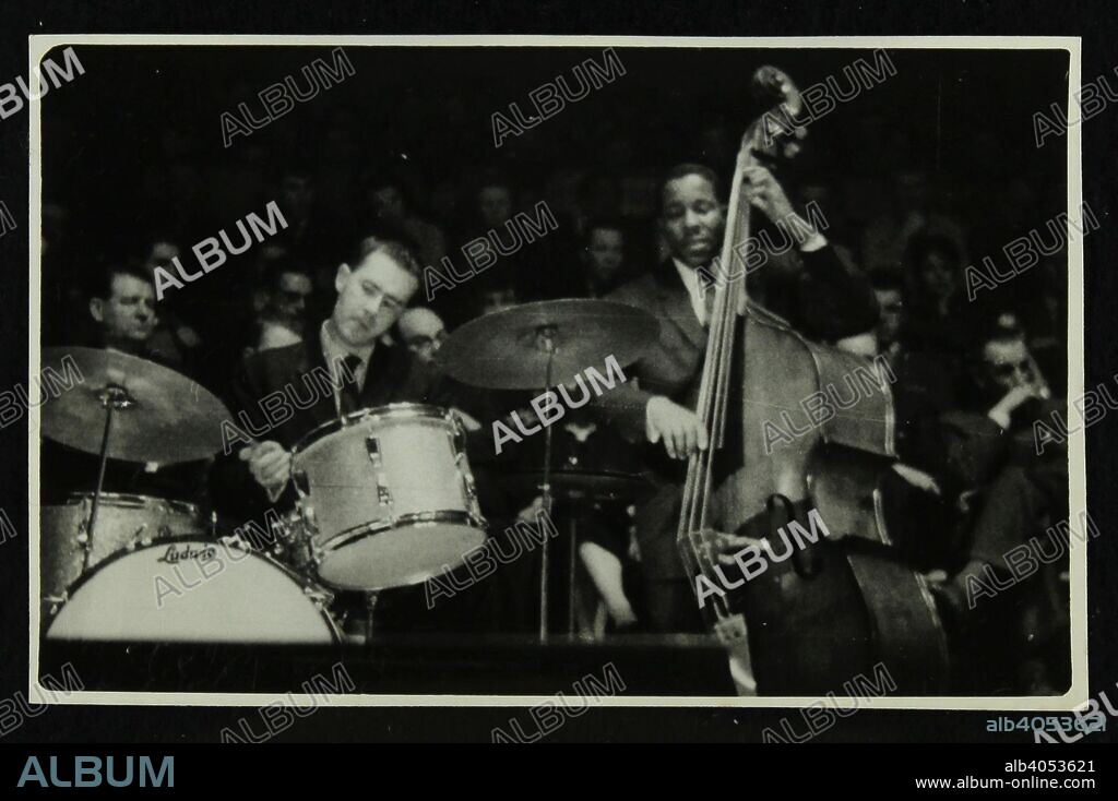 The Dave Brubeck Quartet in concert at Colston Hall, Bristol, 1958. Joe Morello (drums) and Eugene Wright (double bass).