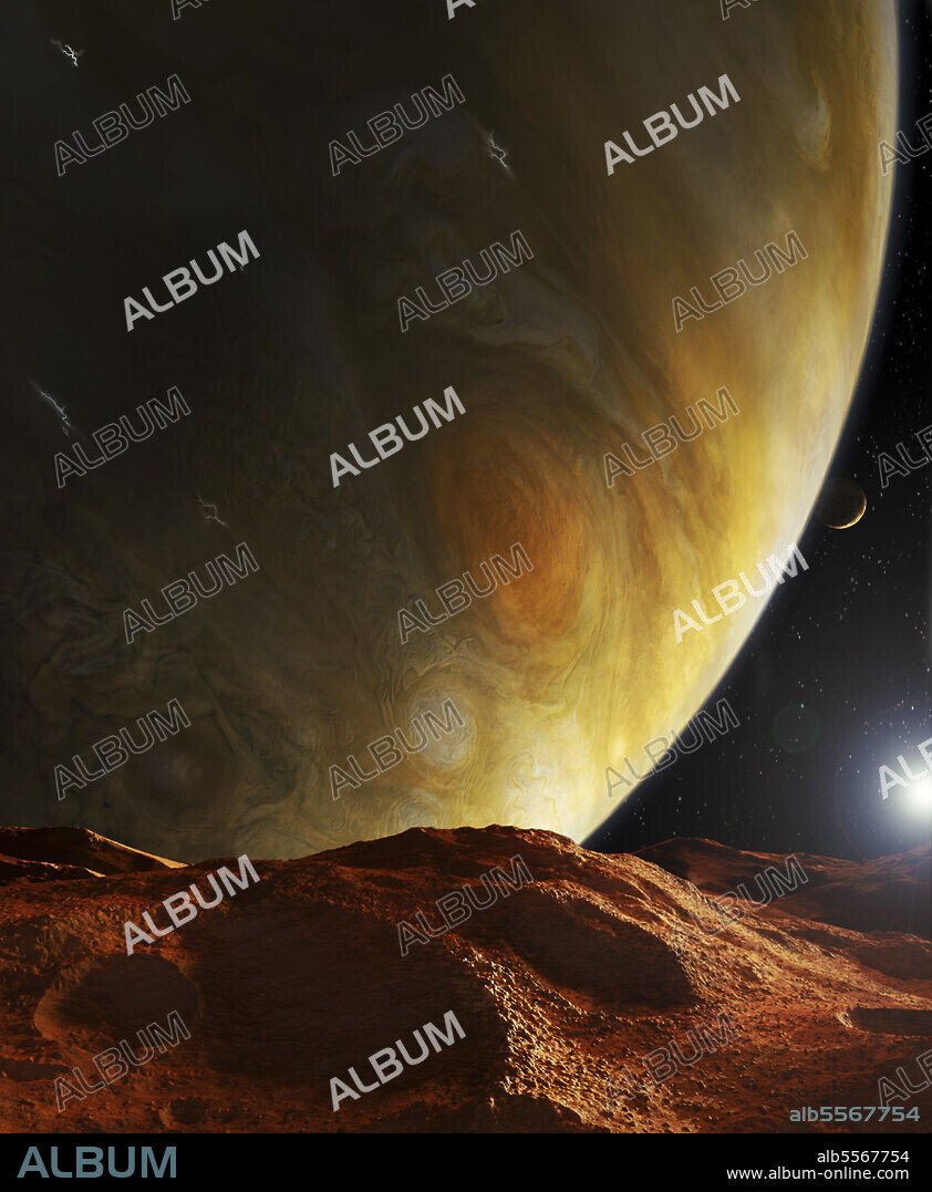 The Great Red Spot of Jupiter casts a baleful glare on Amalthea, an inner moon of Jupiter.