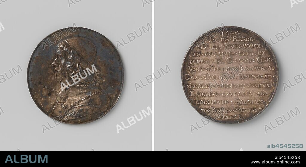 Johan van Reede, lord of Renswoude, Silver Medal. Front: man's bust. Reverse: inscription., Johan baron van Reede van Renswoude, Thomas Simon, London, 1645, silver (metal), founding, d 3.5 cm × w 10.75 gr.