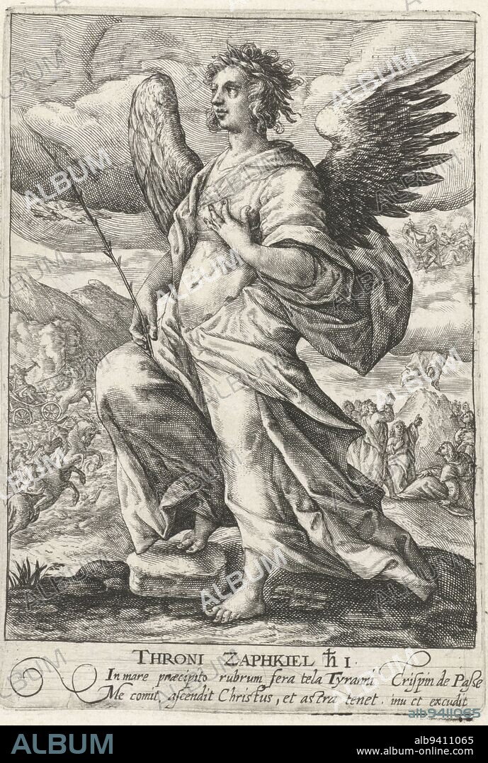 The Archangel Zaphkiel stands with his right foot on a stone and holds a branch in his right hand. In the left background, the Red Sea is engulfing the Egyptian Pharaoh and his army. In the background on the right, the ascension of Christ. In the margin a two-line caption in Latin. Print from a series featuring archangels, Archangel Zaphkiel Throni Zaphkiel (title on object) Archangels (series title), print maker: Crispijn van de Passe (I), Crispijn van de Passe (I), (mentioned on object), publisher: Crispijn van de Passe (I), (mentioned on object), unknown, 1574 - 1637, paper, engraving, h 144 mm × w 100 mm.