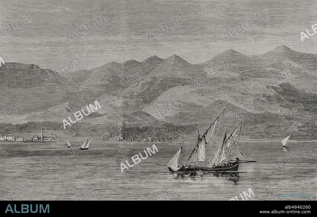 ANDRÉS OVEJERO. SPANISH ENGRAVER,19TH CENTURY.. History of Greece. Thessaly. View of Mount Pelion from the Gulf of Volos. Engraving by Ovejero. La Ilustración Española y Americana, 1878.