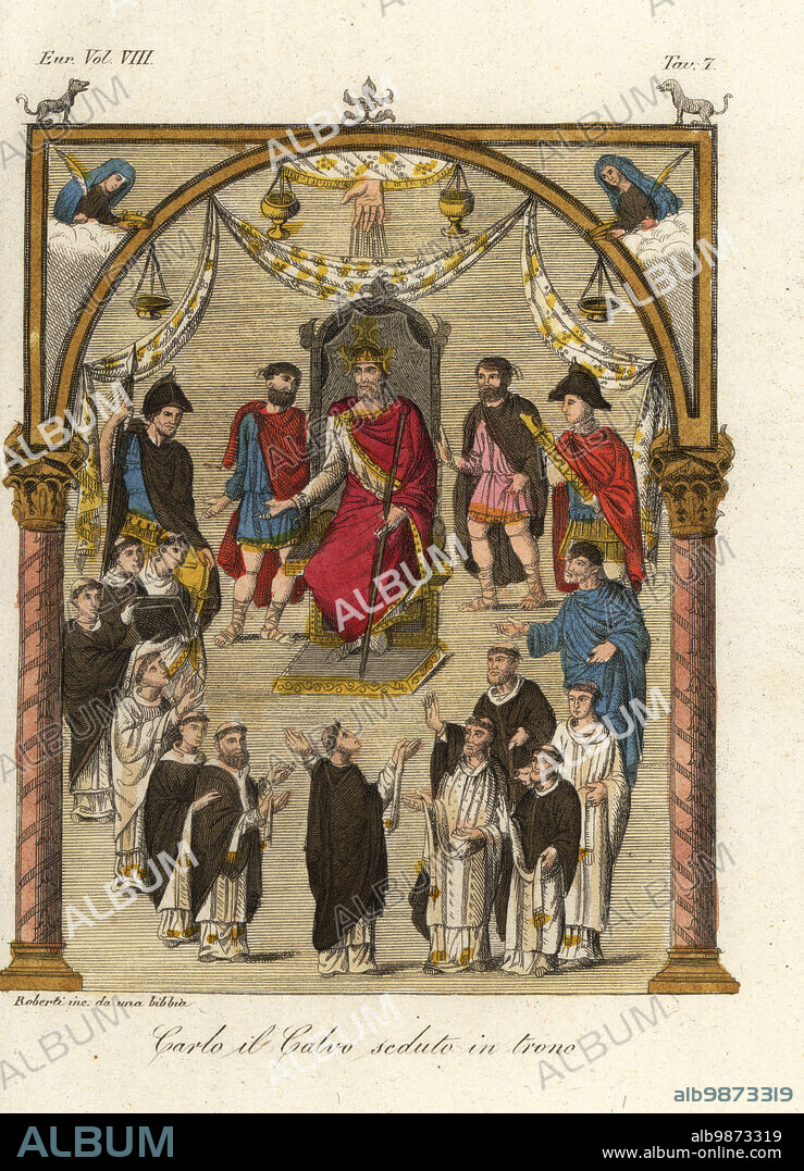 Charles the Bald, Carolingian Emperor, on his throne, 9th century. He wears an extraodinary crown and holds a long rod. Squires on either side hold his great sword, spear and shield. From an illustration in a Bible presented to the king in 869 by the canons of St. Martin of Tours. Carlo il Calvi seduto in trono. Handcoloured copperplate engraving by Roberti from Giulio Ferrarios Costumes Ancient and Modern of the Peoples of the World, Il Costume Antico e Moderno, Florence, 1844.