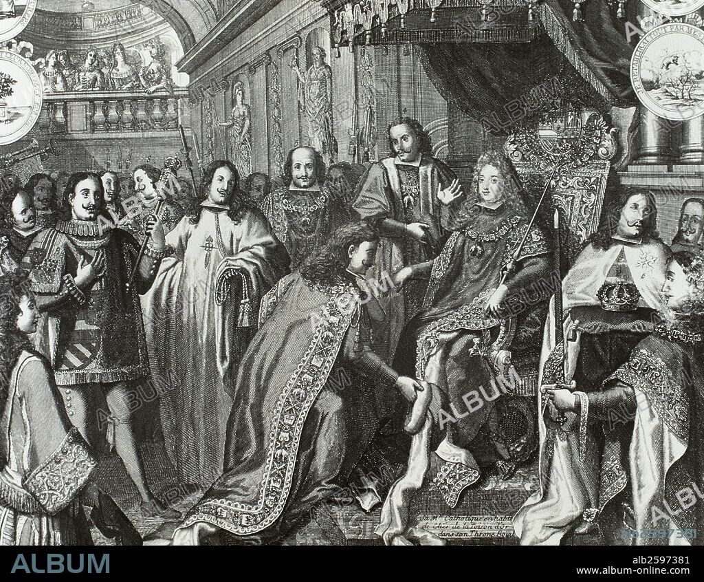 Philip V of Spain (1683-1746). King of Spain. House of Bourbon. Oath of allegiance of the military orders; Golden Fleece, Alcantara and Calatrava. Engraving. 18th century.