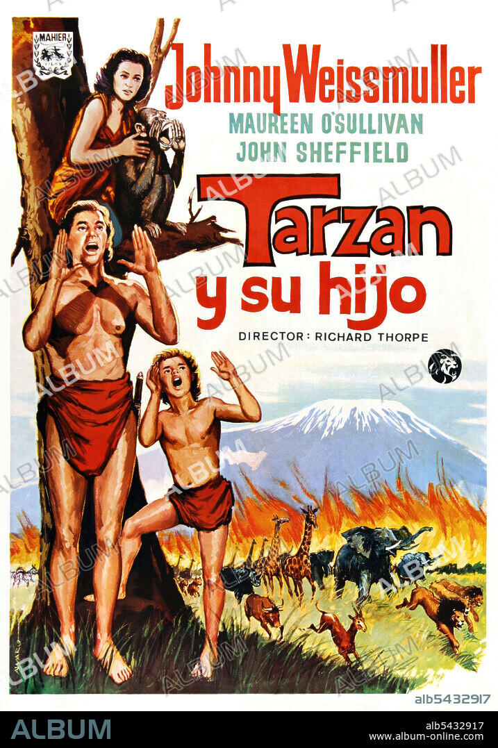 JOHNNY SHEFFIELD, JOHNNY WEISSMULLER y MAUREEN O'SULLIVAN en TARZÁN Y SU HIJO, 1939 (TARZAN FINDS A SON!), dirigida por RICHARD THORPE. Copyright M.G.M.
