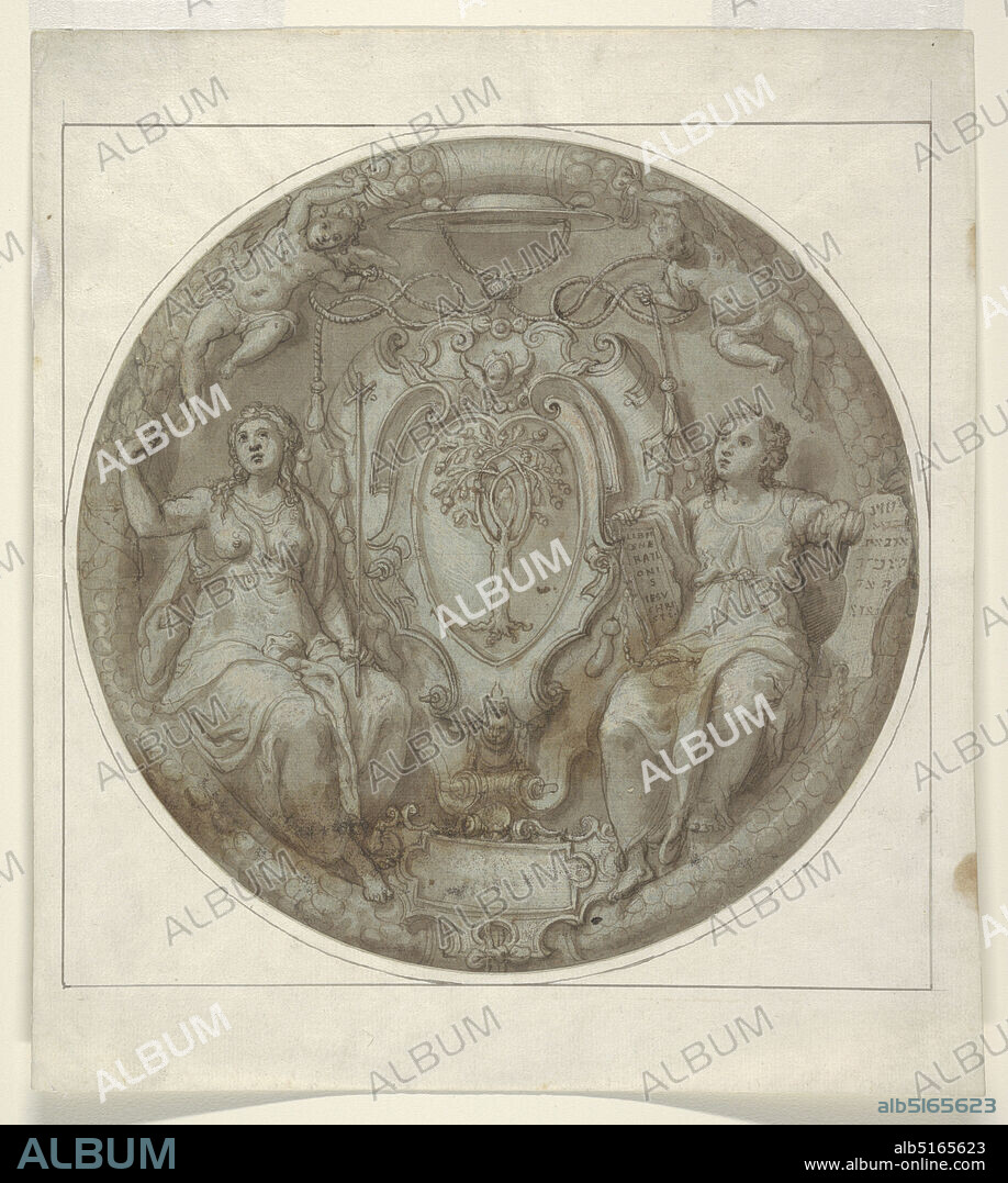 Design for a Tondo with Arms of Cardinal Giulio della Rovere, Niccolò Martinelli, called il Trometta, Italian, 1565 1620, Pen and brown ink, brush and brown wash, white gouache over traces of black chalk on blue laid paper, The tondo is centered with the armorial device of an oak tree on a heart-shaped shield framed by a strapwork escutcheon, the coat of arms of the Della Rovere family. Two allegorical figures are seated at right and left of the heraldic arms. The figure at right holds two tablets; the left tablet is written in Latin: LIBER / GENE / RATIONE /S / IESU / CHRI / STI; the right is in pseudo-Hebrew. The figure on the left holds a cross. Two putti above holding cords of a cardinal's hat which together with the escutcheon identify the patron Cardinal Giulio della Rovere (1535-1578). A wreath encricles the design., Rome, Italy, 156678, interiors, Drawing, Drawing.