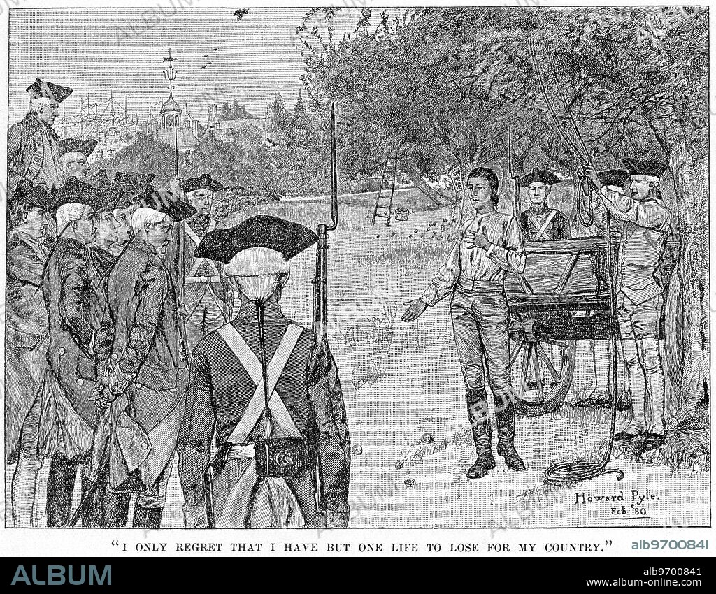 Nathan Hale being hanged by the British. His famous quote "I only regret that I have but one life to lose for my country". September 22, 1776.