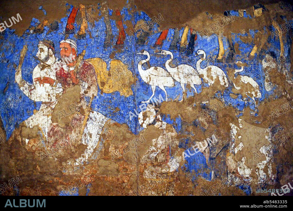 The Afrasiab painting is a rare example of Sogdian art. It was discovered in 1965 when the local authorities decided on the construction of a road through the middle of Afrasiab mound, the old site of pre-Mongol Samarkand. It is now preserved in a special museum on the Afrasiab mound. It is the main painting we have of ancient Sogdian art. The painting dates back to the middle of the 7th century CE. On the four walls of the room of a private house, three or four different countries neighbouring Central Asia are depicted. On the northern wall China (a Chinese festival, with the Empress on a boat, and the Emperor hunting), on the Southern Wall Samarkand (the Iranian world: a religious funerary procession in honor of the ancestors during the Nowruz festival), on the eastern wall India (as the land of the astrologers and of the pygmies, but the painting is much destroyed there). The topic on the main wall, the western wall facing the entrance is debated between specialists. Turkish soldiers are escorting ambassadors coming from various countries of the world (Korea, China, Iranian principalities, etc). There are three main hypotheses. The leading expert on Sogdian painting, the excavator of Panjikent, B. Marshak points out that Sogdian painting, gods are always depicted on the top of the main wall. However, as the Turks are guiding the embassies but are not themselves ambassadors, it has been suggested also that the Turkish Qaghan, then lord of inner and central Asia, might be depicted there. A Chinese text states that the 'Four Lords of the World', here China, India, Iran and Turan, are depicted on the walls of palaces near Samarkand precisely during this period, and this would perfectly fit the four walls of this room. The last hypothesis makes use of an inscription mentioning the king of Samarkand to propose the idea that the ambassadors are presenting their gifts to him.