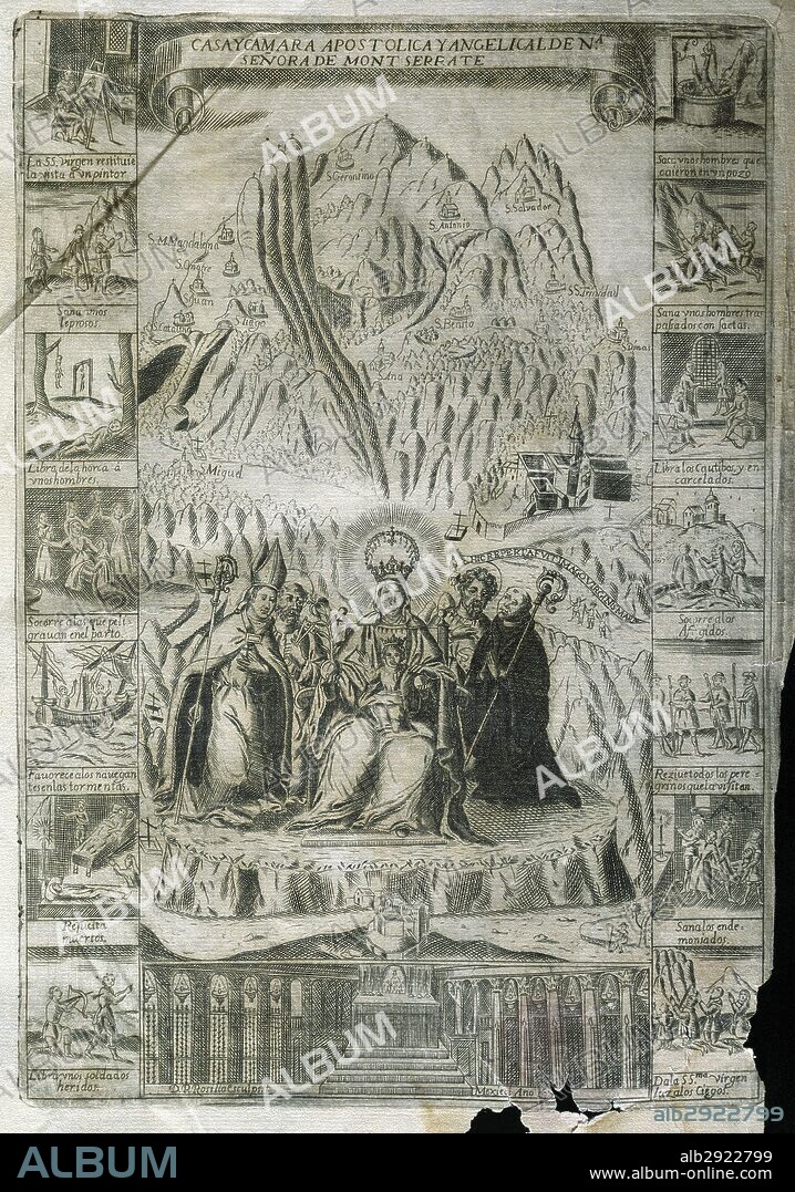 LA MONTAÑA DE MONSERRAT con sus ermitas y la imagen de la Virgen con el Niño. Grabado de 1677. Portada de la obra "La Perla de Cataluña".