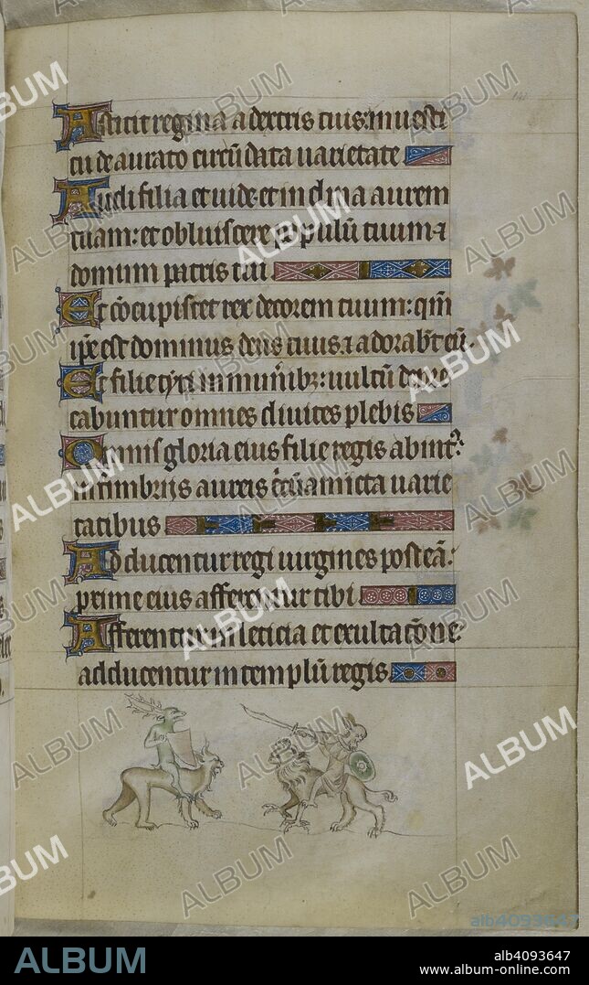 Bas-de-page scene of mounted grotesque hybrids fighting. Psalter ('The Queen Mary Psalter'). England (London/Westminster or East Anglia?); between 1310 and 1320. Source: Royal 2 B. VII, f.141. Language: Latin, with French image captions.