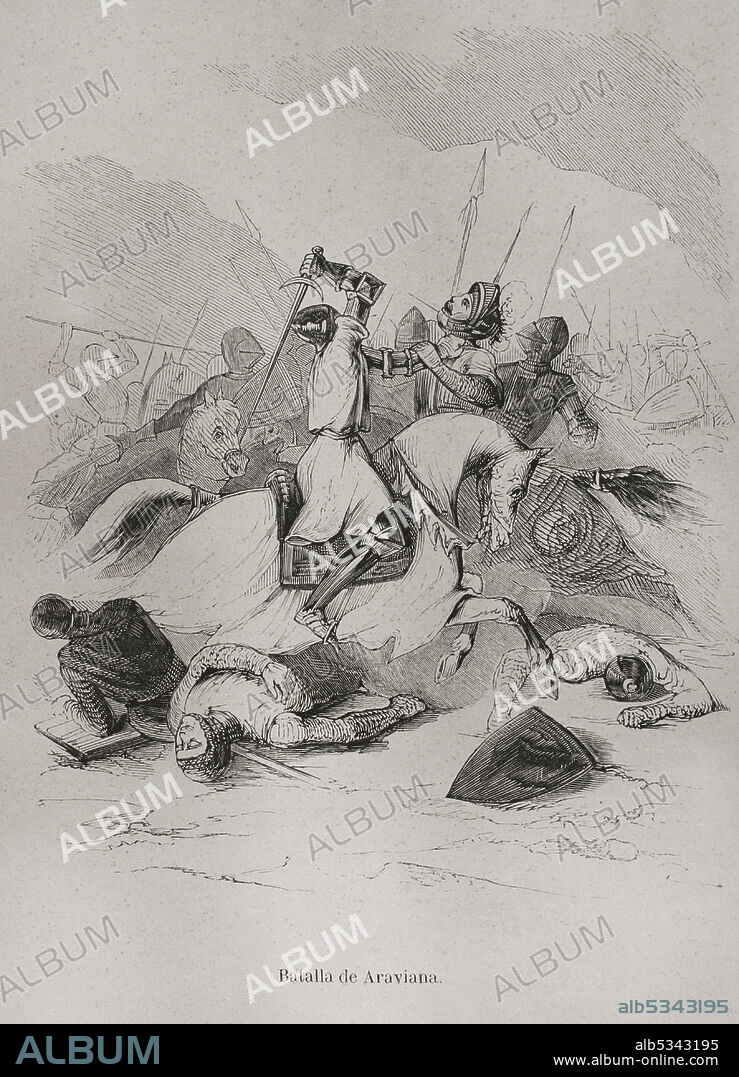Historia de España. Guerra de los dos Pedros (1356-1375). Batalla de Araviana (22 de septiembre de 1359). Combate que tuvo lugar en las proximidades del río Araviana, cerca de la localidad de Agreda (provincia de Soria). Las tropas de rey castellano Pedro I el Cruel fueron derrotadas por las del rey aragonés Pedro IV. Grabado. Las Glorias Nacionales. Tomo IV. Edición Madrid-Barcelona, 1853.
