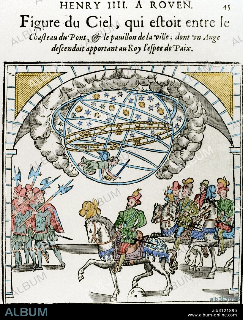 Henry IV of France (1553-1610). King of Navarre as Henry III from 1572-1610 and King of France from 1589-1610. Entry of Henry IV in Rouen,1596. Engraving. Colored.