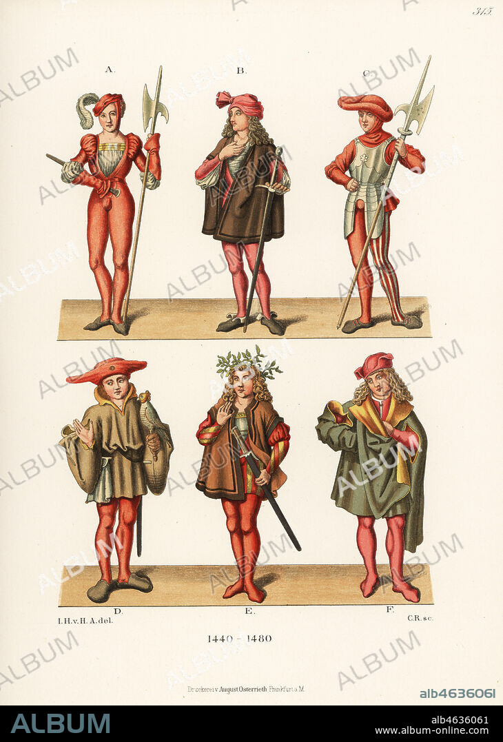 German mens costumes of the 15th century. Young pikeman or Lansknecht with sword and halberd A, soldier with felt hat C, hunter with falcon and glove D, and young men in house clothes B,E,F. From the Duke of Saxonys lineage book in Dresden State Archive. Chromolithograph from Hefner-Alteneck's Costumes, Artworks and Appliances from the Middle Ages to the 17th Century, Frankfurt, 1889. Illustration by Dr. Jakob Heinrich von Hefner-Alteneck, lithographed by C.R. Dr. Hefner-Alteneck (1811 - 1903) was a German museum curator, archaeologist, art historian, illustrator and etcher.