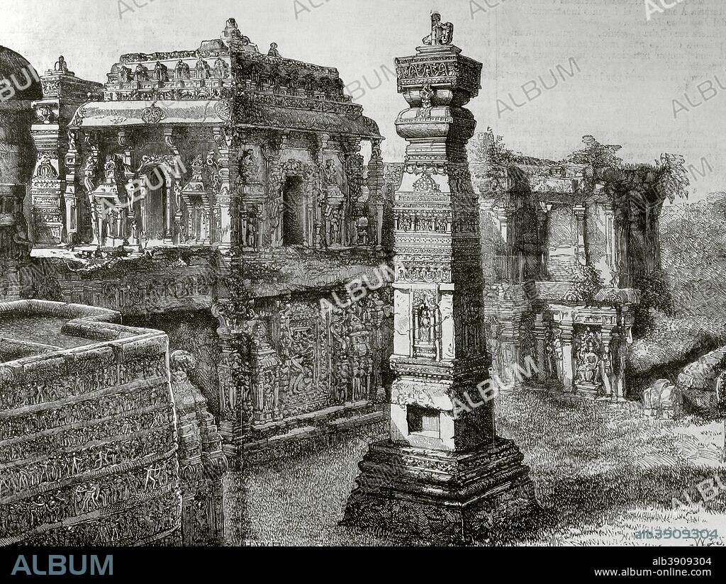 India, Ellora Caves. Brahma Temple. Engraving. La Ilustracion Espa–ola y Americana, April 30, 1876.