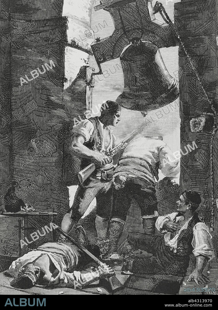 EUGENIO VELA (D. 1895). SPANISH ENGRAVER.. Heroica defensa de la torre de San Agustín en Zaragoza en la Guerra de la Independencia. Episodio que tuvo lugar el 1 de febrero de 1809, durante el segundo sitio de Zaragoza, en la Guerra de la Independencia Española (1808-1814). La torre de San Agustín pertenecía al edificio del convento de los Agustinos, siendo destruida en el asedio. Grabado por Vela a partir del cuadro de César Alvarez Dumont (1866-1945), 1884. La Ilustración Española y Americana, 1884.
