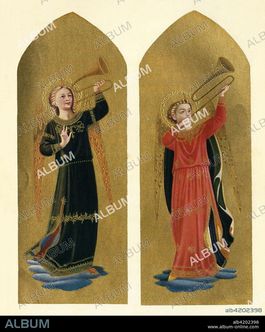 'Two Angels with Trumpets', 15th century, (c1909). Italian Early Renaissance painter Fra Angelico (born Guido di Pietro, c1395-1455) was a Dominican friar (his name means 'Angelic friar'), and carried out commissions in Florence, and in Rome for Pope Eugene IV. From Fra Angelico - Masterpieces in Colour, by S. L. Bensusan. [T. C. & E. C. Jack, Frederick A. Stokes Co., London & New York, c1909].