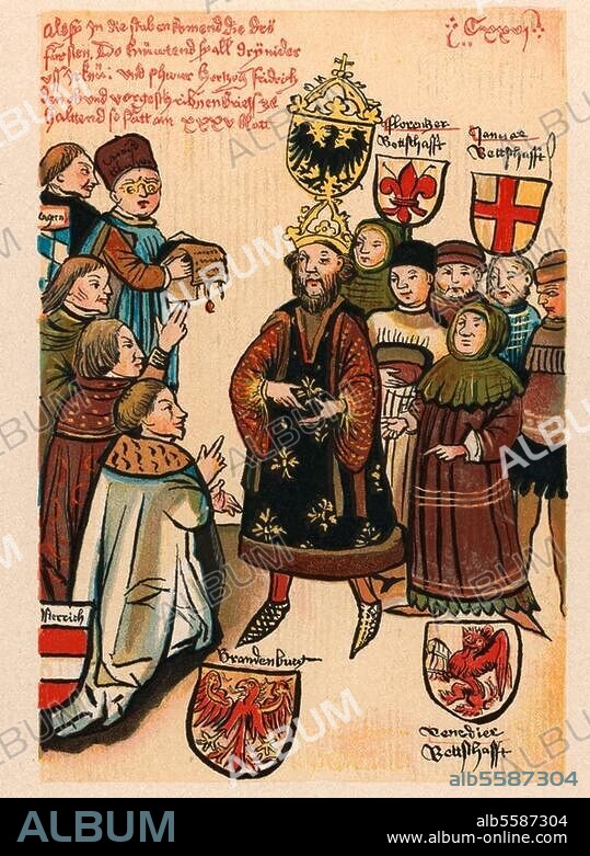 Frederick I of Hohenzollern, 1371 - 1440, Elector of Brandenburg (as Frederick I) from 1415 until his death. Emperor Sigismund presenting the Kurmark (Imperial State held by the margraves of Brandenburg) to Frederick I during the Council of Constance (18th April 1417). Contemporary book illumination from the Chronicle of Ulrich von Rutental. Prague, Univ. Library.