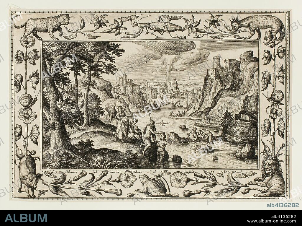 ADRIAEN COLLAERT II. The Baptism of Christ, from Landscapes with Old and New Testament Scenes and Hunting Scenes. Adriaen Collaert (Flemish, c. 1560-1618); after Hans Bol (Flemish, 1535-1593); published by Anna van Hoeswinckel (Flemish). Date: 1584. Dimensions: 143 × 200 mm (image/primary support, trimmed within plate mark); 176 × 238 mm (secondary support). Engraving in black on cream laid paper, laid down on cream laid paper. Origin: Flanders.