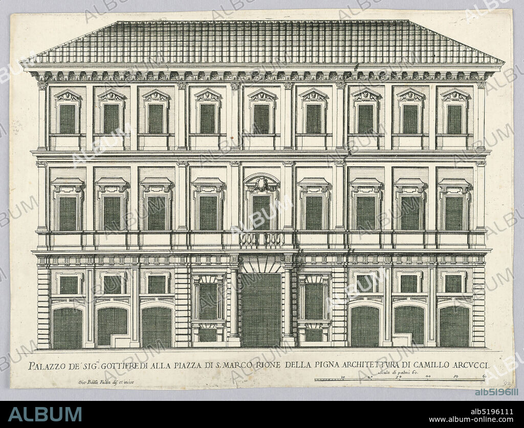 Palace of Mr. Gottifredi at St. Mark's Square, Florence, Giovanni Battista Falda, Italian, 1643 - 1678, Camillo Arcucci, Italian, died 1667, Engraving on paper, Florence, Italy, Europe, 17th century, Print, Print.