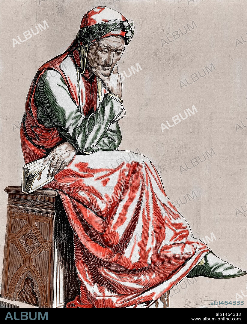 DANTE ALIGHIERI (Florencia, 1265-Ravena, 1321). Poeta italiano. Una de sus principales obras es "La Divina Comedia", iniciada en 1307. Grabado coloreado.