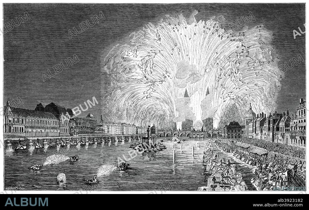 Fireworks On The Bridge, Paris, 1754, (1885). Illustration from 18th Century Institutions, Usages And Costumes, France 1700-1789, by Paul Lacroix, (Paris, 1885).