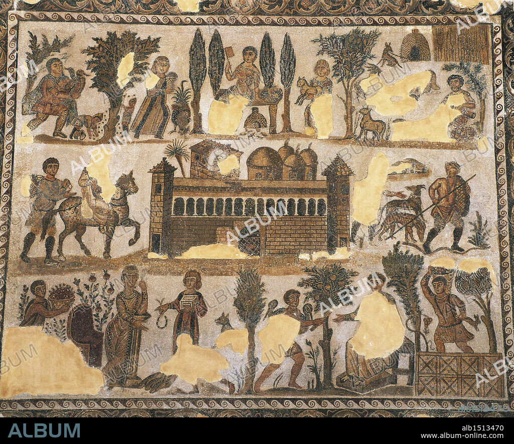 Roman civilization, 4th century A.D. Mosaic depicting everyday life of aristocracy in Africa: the estate of the landowner Julius aristocracy. From Carthage, Tunisia.