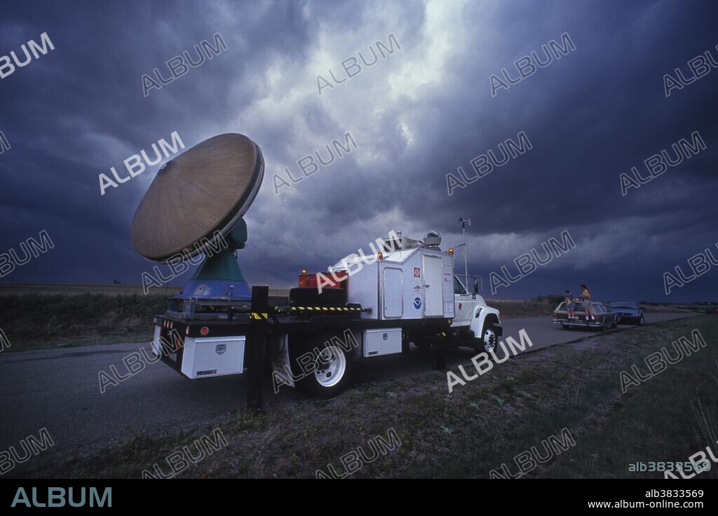 A Doppler on Wheels portable weather radar truck (also called DOW) scans a severe thunderstorm in Oklahoma.