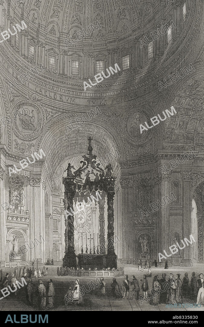 Basílica de San Pedro del Vaticano. Interior de la nave central con el Baldaquino de San Pedro, obra de Bernini. Grabado. Historia Universal, por César Cantú. Tomo V. 1856.