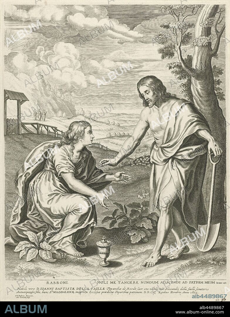 Christ Appears to Mary Magdalene as Gardener, After the Rebellion Christ Appears to Mary Magdalene as Gardener. Mary Magdalene is kneeling to the left before Christ, Mary Magdalene kneeling before Christ, who is usually represented as a gardener with a how and / or a spade, 'Noli me tangere', Adriaen Lommelin (mentioned on object), Antwerp, 1673, paper, engraving, h 481 mm × w 368 mm.