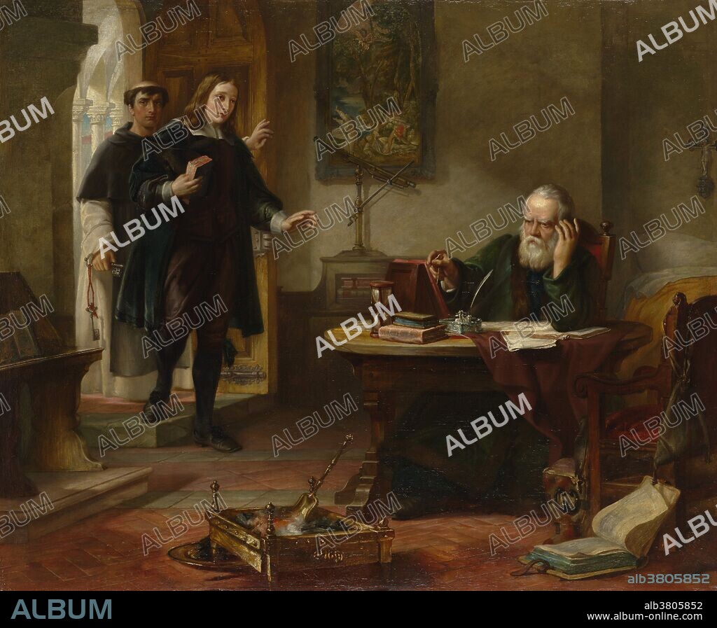 Milton visiting Galileo when a prisoner of the Inquisition. Artwork by Solomon Alexander Hart, 1847. This meeting, between the English poet John Milton (1608-1674, left) and the Italian astronomer Galileo Galilei (1564-1642, right), supposedly took place in 1638. Galileo was convicted as a heretic by the Roman Catholic Inquisition for his support of the Copernican theory in his book Dialogue Concerning the Two Chief World Systems (1632). He was placed under house arrest until the end of his life. Milton is known to have explored Italy and he later mentioned the imprisoned Galileo in his epic poem Paradise Lost.