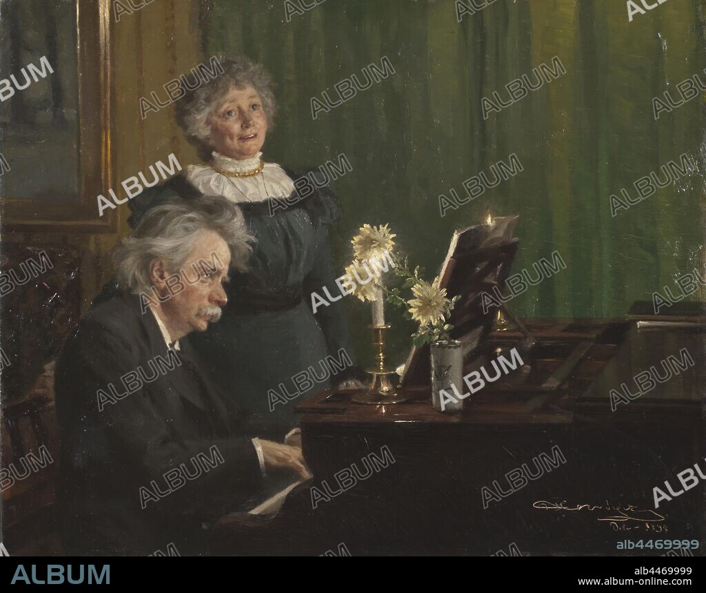 Peder Severin Krøyer, Edvard Grieg and Nina Grieg, Edvard Grieg accompanying his Wife, painting, portrait, Edvard Grieg, 1898, Oil on wood, Height, 58.5 cm (23 inches), Width, 73 cm (28.7 inches), Signed, PS Krøyer Dcbr - 1898.