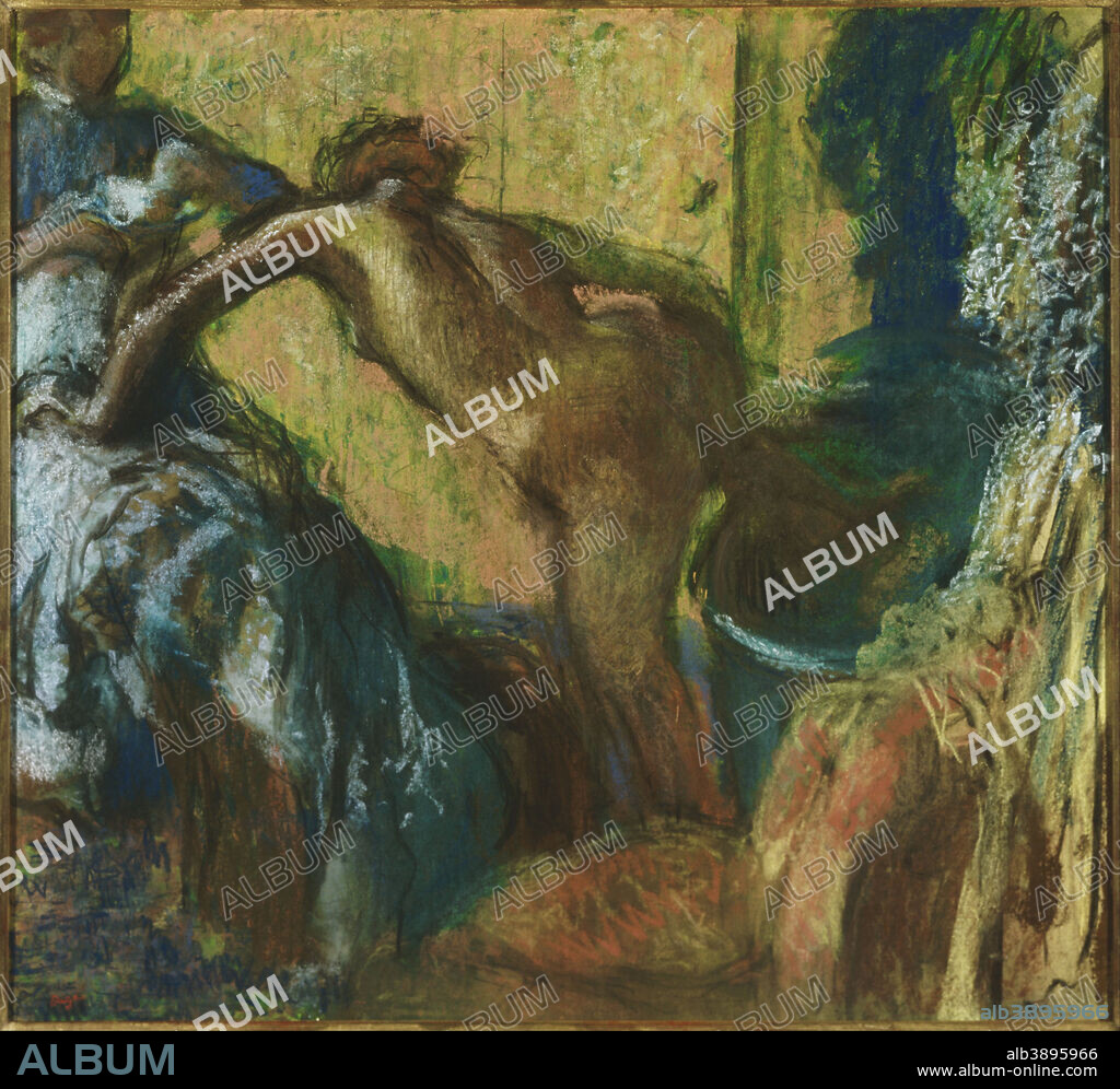 EDGAR DEGAS. After the Bath. Date/Period: Ca. 1895. Works on Paper. Pastel on paper. Height: 30.50 mm (1.20 in); Width: 33.13 mm (1.30 in).
