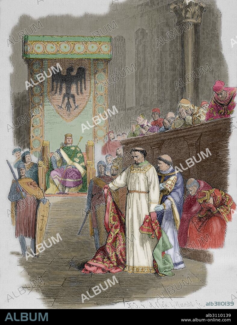 ENRIQUE III "el Negro" (1017-Bodfeld, 1056). Emperador germánico de 1039 a 1056. Miembro de la dinastía Salia. Impuso su autoridad e intervino en las elecciones pontificias destituyendo a los tres papas cismáticos (Silvestre III, Benedicto IX y Gregorio VI). En el sínodo de Sutri (1046), nombró a Clemente III nuevo Papa. "SINODO DE SUTRI". Grabado por A. Closs. Coloreado.