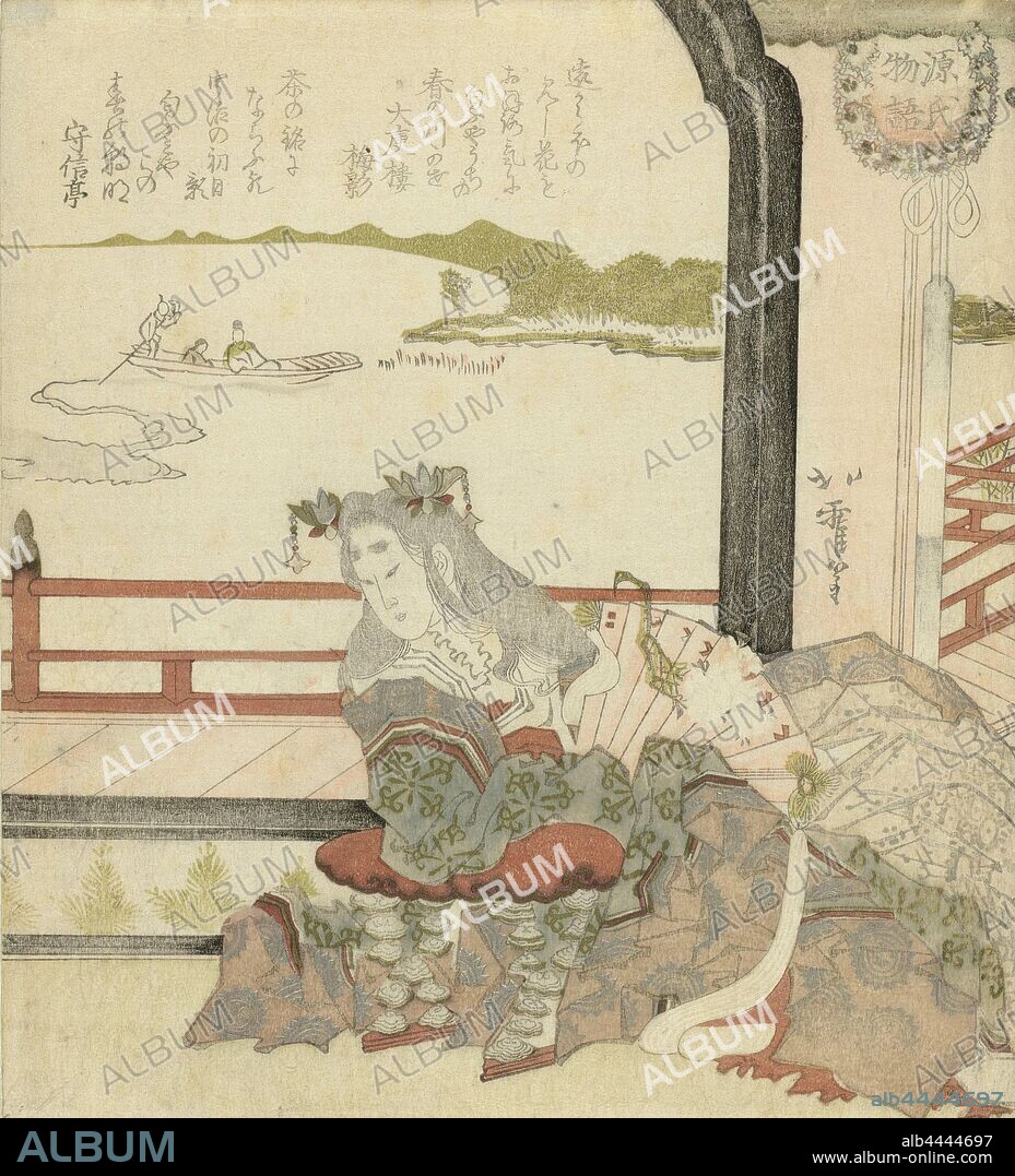 Woman at a balcony The story of Genji (series title) Genji monogatari (series title on object), Seated lady in clothing from the Heian period (794-1185), a large fan in her hand, leaning against the balustrade of a wooden terrace that overlooks the sea. The reference to Uji in the poem identify the lady as Ukifune, from the 51 chapter of The Story of Genji. With two poems., Karyôsai Hokuga (mentioned on object), Japan, c. 1820, paper, colour woodcut, h 207 mm × w 183 mm.