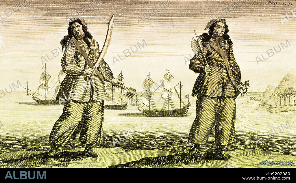 An illustration of Anne Bonny and Mary Read from A General History of the Pyrates, with engraving by Benjamin Cole, 1724. Anne Bonny (1697-disappeared 1721) was an Irish pirate operating in the Caribbean and Mary Read (1685 - 1721), also known as Mark Read, was an English pirate. These two are the most famous female pirates of the 18th century. Colorized.