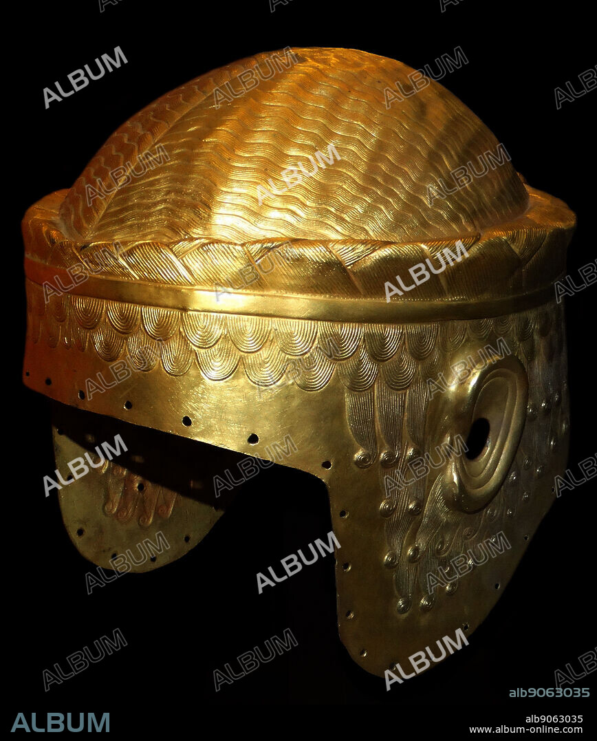 Electrotype of gold helmet of Meskalamdug; Early Dynastic III. 2600BC Royal Cemetery at Ur, Iraq. Meskalamdug ('hero of the good land') was an early ruler of Ur, who does not appear in the Sumerian king list. His tomb, discovered by English archaeologist Sir Leonard Woolley in the Royal Cemetery of Ur in 1924, contained numerous gold artefacts including this golden helmet with an inscription of the king's name.