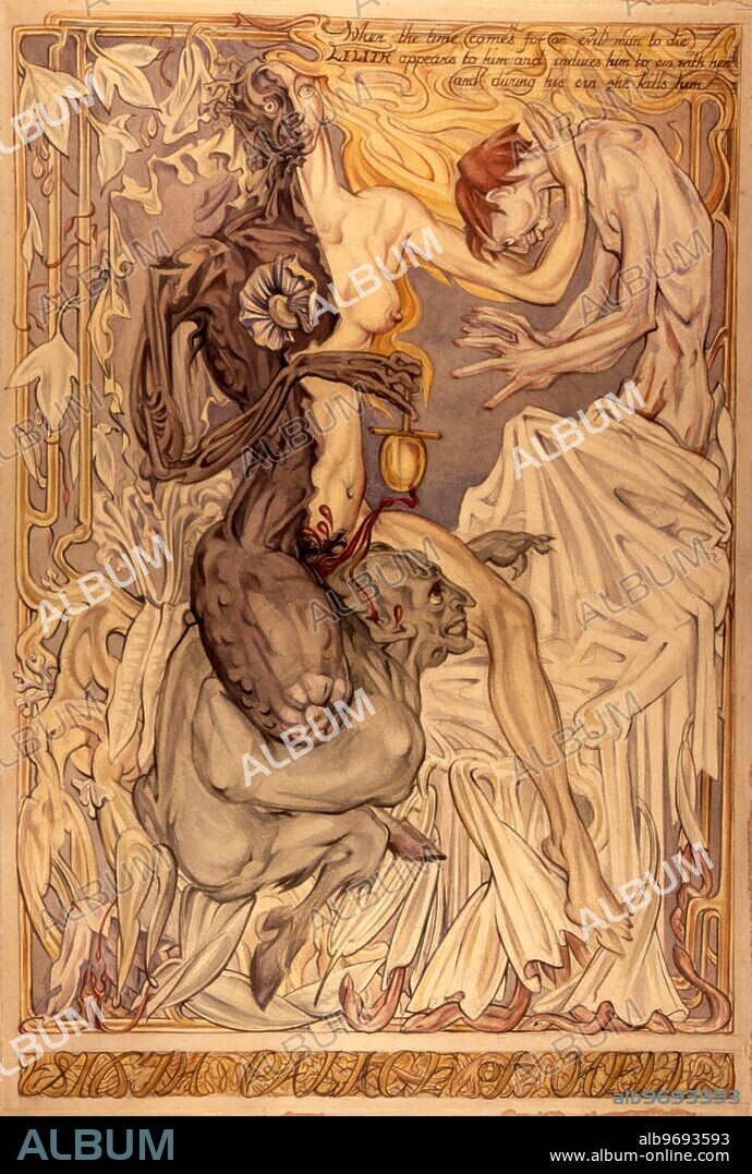 Lilith and Lucifer with a dying man, in 'Sixth Palace of Hell', by the cabbalistic painter, Fay Pomerance [1945]. Lilith has presented herself in the guise of a alluring woman before the dying man, in order to persuade him to sin with her. Only after his death will he see the darker side of the demoness.