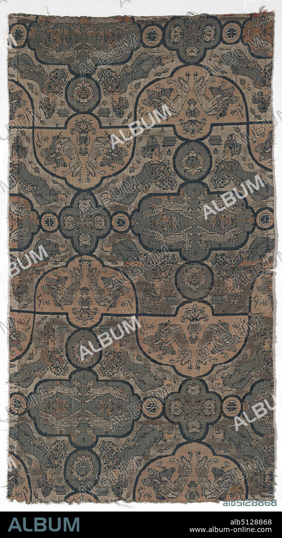 Maker: Khwaja Ghiyath ad-din Ali, active late 16thearly 17th century, Textile Fragment with Figures, Animals, and Plants, late 16thearly 17th century, Triple-weave silk, 8 7/8 × 16 5/16 in. (22.6 × 41.5 cm), Poet, painter, mystic, and master weaver of the court of Shah Abbas, Khwaja Ghiyath ad-din Ali is the most famous of the Safavid designers whose textiles bear their signatures. Scholars first noticed his name on a small number of silks early this century, and since then, his fabrics have emerged as some of the finest Persian textiles ever made. Here, Khwaja Ghiyaths rendering of the figural elements enclosed in the patterns compartments betray his predilection for miniature painting. Reclining gentlemen, fox attacking geese, confronting cheetahs, lions heads, and assorted plant forms are typical of the elements that made up the personage textile patterns so popular during Ghiyaths time. In this design, however, Ghiyath has ingeniously arranged the motifs within a nonpictorial space. The use of curvilinear compartments is unusual in lightweight silks of this kind, and may have been taken from carpets of the period., Iranian/Persian, Islamic, Safavid dynasty (15011722), Textiles.