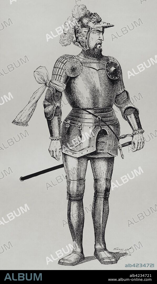Fernando Francisco de Avalos Aquino y Cardona, V marqués de Pescara (1489-1525). Militar napolitano de orígenes españoles. General de las tropas hispano-imperiales de Carlos V durante las Guerras Italianas. Grabado. "Museo Militar del Ejército Español", Tomo I. Evaristo Ullastres Editor. Barcelona, 1883. Biblioteca Histórico Militar de Barcelona, Cataluña, España.