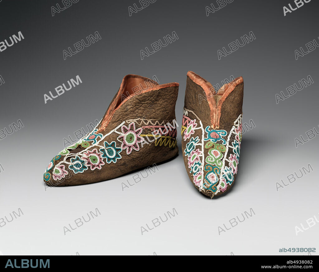 Moccasins, Muscogee/ Creek, Native American, ca. 1830, Possibly made in Georgia, United States; Possibly made in Alabama, United States, Muscogee/ Creek, Native American, Native-tanned leather, dye, cotton cloth, silk ribbon, and glass and metal beads, Left: 5 1/2 × 5 × 8 5/8 in. (14 × 12.7 × 21.9 cm), Right: 5 1/4 × 4 1/8 × 8 3/4 in. (13.3 × 10.5 × 22.2 cm), Hide.