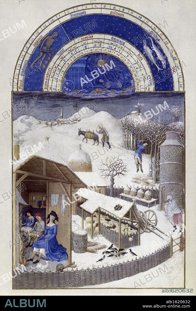 Les Tres Riches Heures du Duc de Berry: February - Farmyard Scene with Peasants 1412-16 Limbourg Brothers (fl. 1400-1416 Netherlandish) Illuminated manuscript Musee Conde, Chantilly, France.
