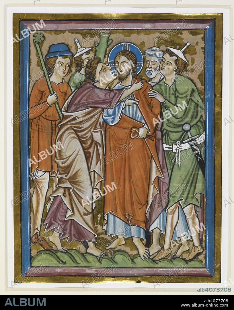 (Whole miniature) Judas betrays Christ. Miniatures of the Life of Christ. Germany [probably WÃ¼rzburg]; circa 1240. Source: Add. 17687 J.