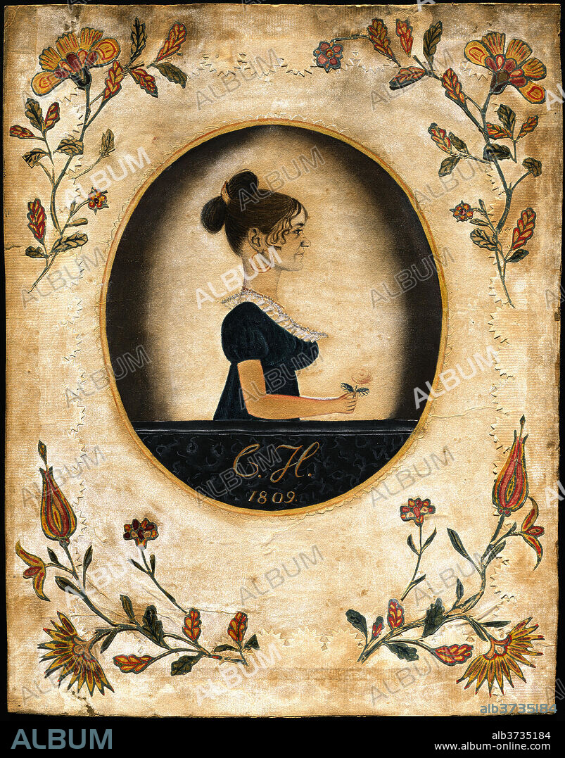 AMERICAN 19TH CENTURY. Woman Holding a Rose. Dated: 1809. Dimensions: sight size: 29.2 x 23.1 cm (11 1/2 x 9 1/8 in.)  framed: 33.8 x 25.7 x 1.2 cm (13 5/16 x 10 1/8 x 1/2 in.). Medium: watercolor and cut paper border.