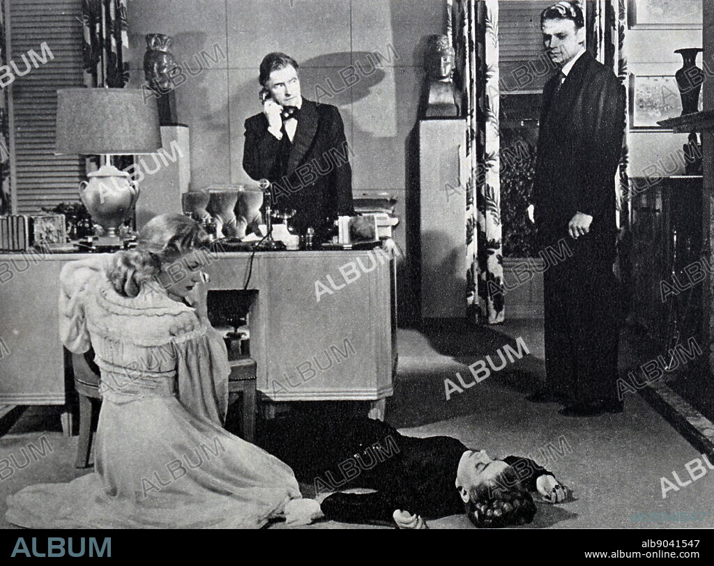 Film still from 'The Unsuspected' starring Audrey Totter, Ted North, Claude Rains, and Joan Caulfield.