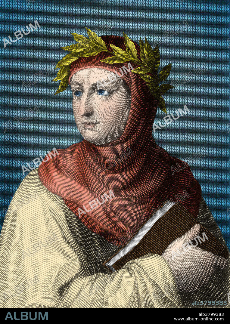 Giovanni Boccaccio (1313 - December 21, 1375) was an Italian writer, poet, correspondent of Petrarch, and an important Renaissance humanist. He was the son of a Florentine merchant, Boccaccino di Chellino, and an unknown woman; he was likely born out of wedlock. Boccaccio wrote a number of notable works, including The Decameron and On Famous Women. As a poet who wrote in the Italian vernacular, Boccaccio is particularly noted for his realistic dialogue, which differed from that of his contemporaries, medieval writers who usually followed formulaic models for character and plot. His final years were troubled by illnesses, some relating to obesity and what often is described as dropsy, severe edema that would be described today as congestive heart failure. He died in 1375 at the age of 62. This image has been colour enhanced.