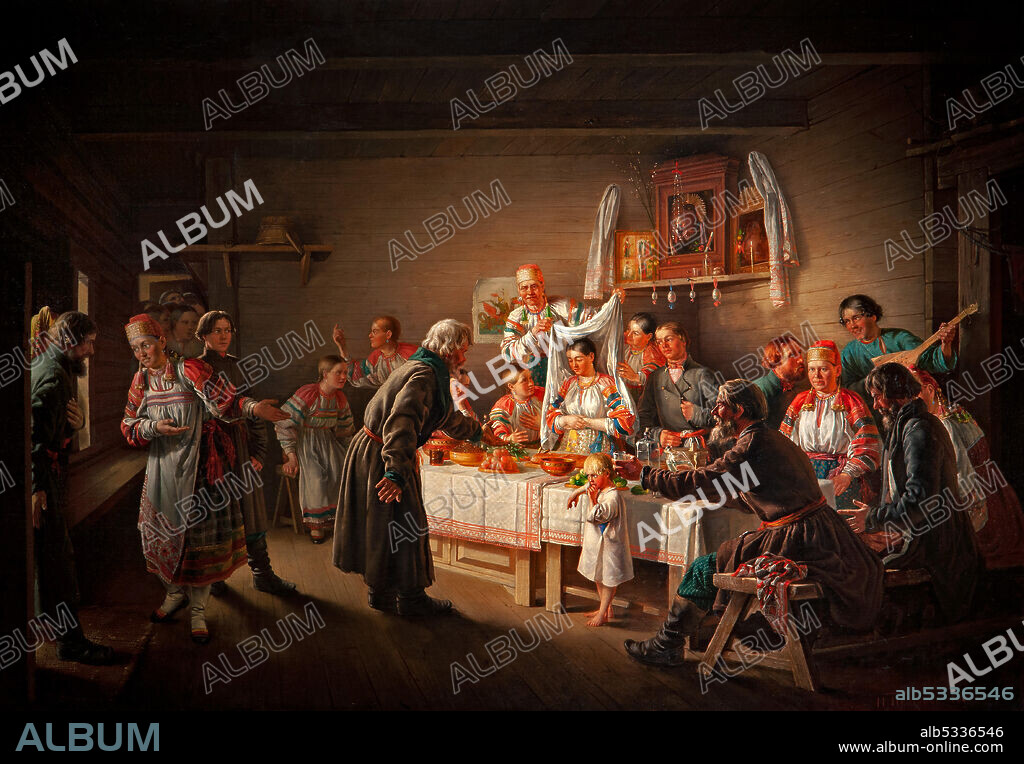 Art, Russian art, Nikolai Petrovich Petrov, 1834 - 1876,  title of the work, Watching of the Bride, 1861, oil on canvas, cm 103 x 148 .