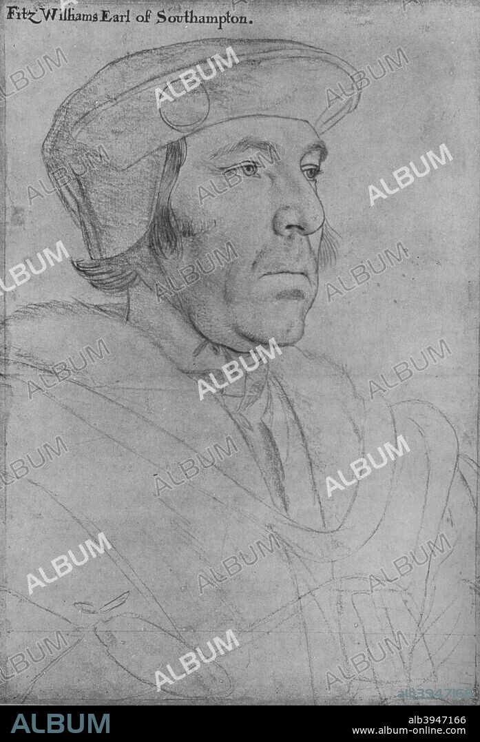 'William Fitzwilliam, Earl of Southampton', c1536-1540 (1945). William FitzWilliam, 1st Earl of Southampton, KG (c.1490,-1542), English courtier and soldier, The drawing is part of the Royal Collection Trust, Windsor Castle. From The Drawings of Holbein at Windsor Castle by K. T. Parker. [The Phaidon Press Ltd, Oxford & London, 1945].